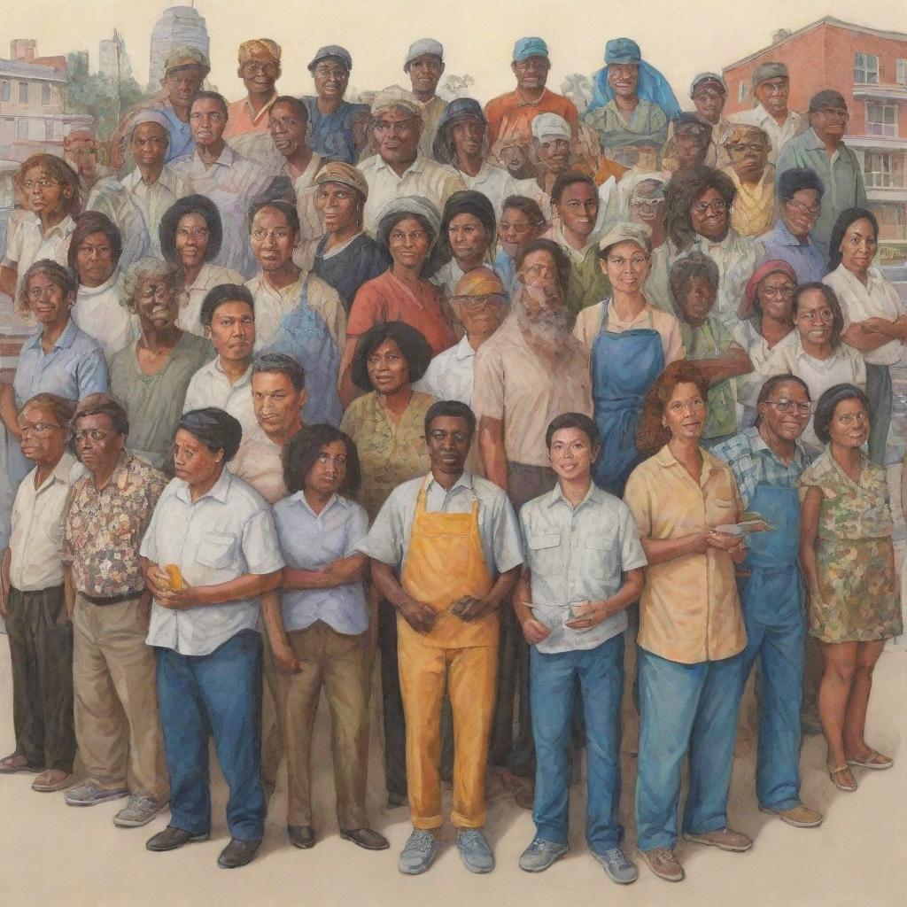 An illustrative allegorical art capturing different socioeconomic classes represented through diverse groups of people in varying environments and occupations with different lifestyles.