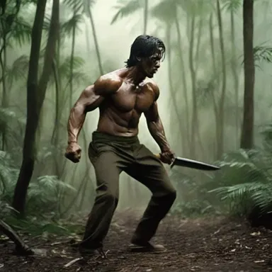 In the thrilling action movie, the hero wields a machete to fight off a group of armed enemies in the dense jungle.