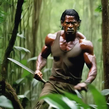 In the thrilling action movie, the hero wields a machete to fight off a group of armed enemies in the dense jungle.