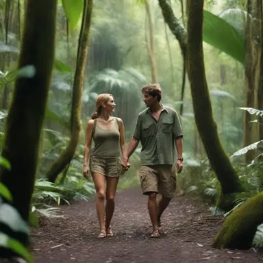 In the romantic movie, the adventurous couple embarks on a journey through the tropical rainforest, relying on a matchet to clear their path and protect each other.