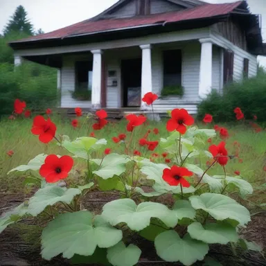 The abandoned house was surrounded by eerie false mallow plants, their scarlet flowers appearing ominous and foreboding.