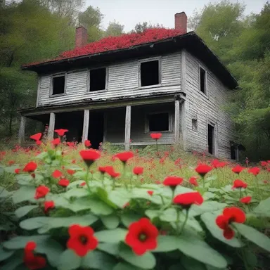 The abandoned house was surrounded by eerie false mallow plants, their scarlet flowers appearing ominous and foreboding.