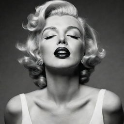 Provocative reinterpretation of Marilyn Monroe, head tilted upwards, revealing a long thick neck with a distinct protuberancy, and eyes subtly closed, adding an unexpected dimension to her timeless allure.