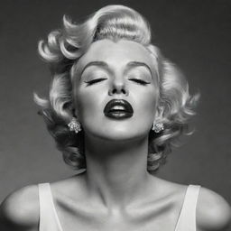 Provocative reinterpretation of Marilyn Monroe, head tilted upwards, revealing a long thick neck with a distinct protuberancy, and eyes subtly closed, adding an unexpected dimension to her timeless allure.