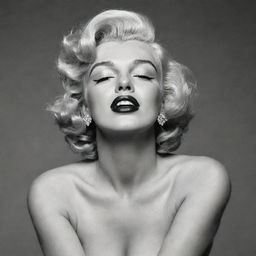 Provocative reinterpretation of Marilyn Monroe, head tilted upwards, revealing a long thick neck with a distinct protuberancy, and eyes subtly closed, adding an unexpected dimension to her timeless allure.