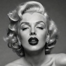 Provocative reinterpretation of Marilyn Monroe, head tilted upwards, revealing a long thick neck with a distinct protuberancy, and eyes subtly closed, adding an unexpected dimension to her timeless allure.