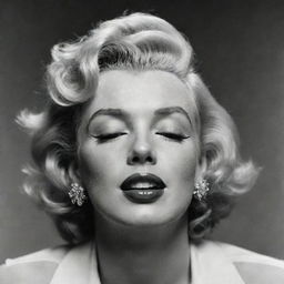 A unique portrayal of Marilyn Monroe with her head tilted upwards, closed eyes, showcasing a long, thick neck with a prominent protuberance inside, creating an unusual twist on her eternal beauty.