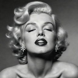 A unique portrayal of Marilyn Monroe with her head tilted upwards, closed eyes, showcasing a long, thick neck with a prominent protuberance inside, creating an unusual twist on her eternal beauty.