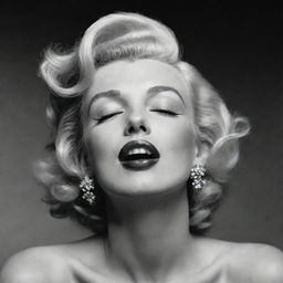 A unique portrayal of Marilyn Monroe with her head tilted upwards, closed eyes, showcasing a long, thick neck with a prominent protuberance inside, creating an unusual twist on her eternal beauty.