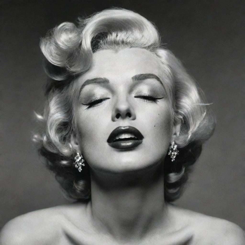 A unique portrayal of Marilyn Monroe with her head tilted upwards, closed eyes, showcasing a long, thick neck with a prominent protuberance inside, creating an unusual twist on her eternal beauty.