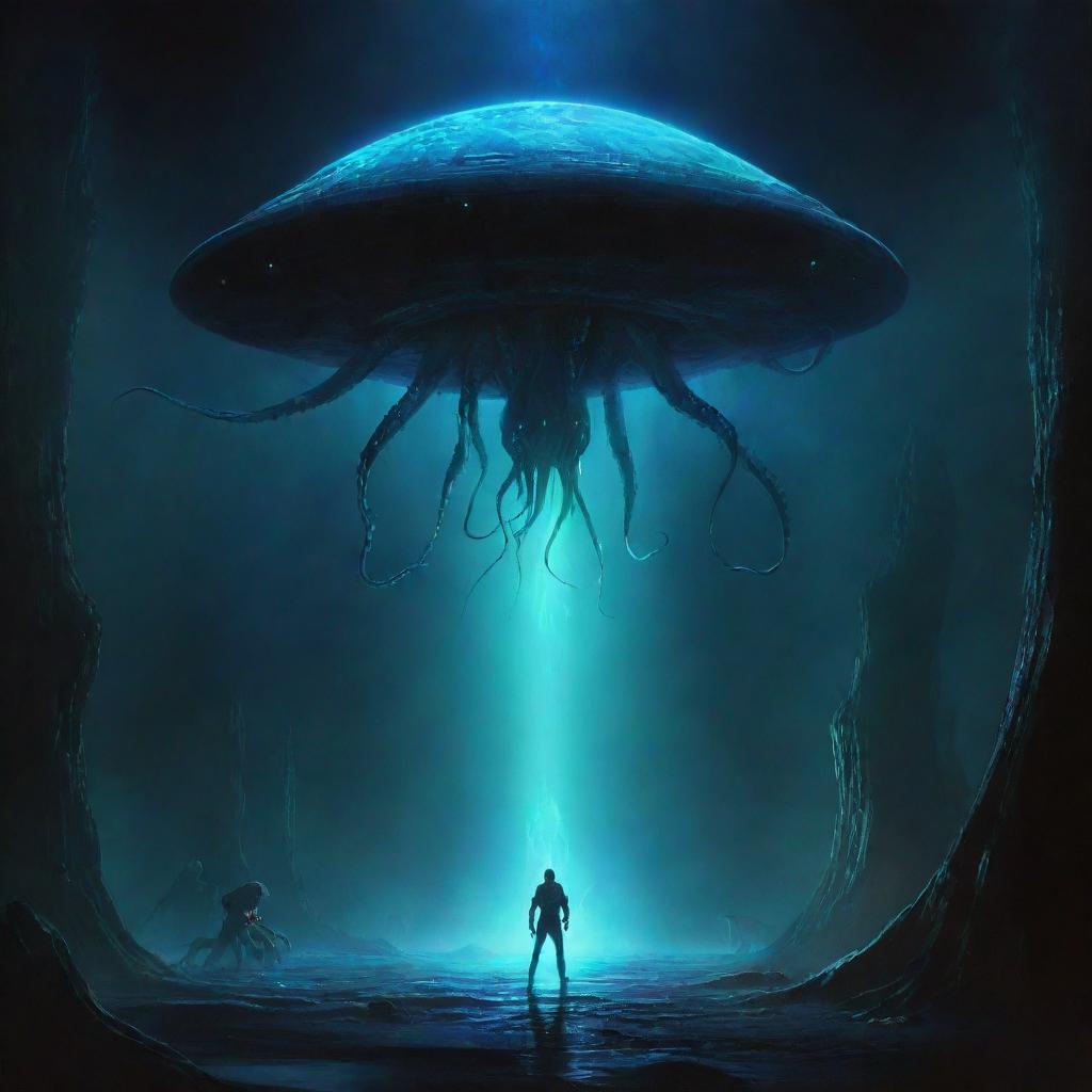 A dark and atmospheric space painting, featuring ancient UFOs glowing with fluorescent uranium, violent blue energy rays, terrifying shadowy space monsters, and a unique cyber-octopus. The scene encompasses abstract geometry and digital art, while a soft light emerges from the bottom