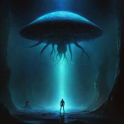 A dark and atmospheric space painting, featuring ancient UFOs glowing with fluorescent uranium, violent blue energy rays, terrifying shadowy space monsters, and a unique cyber-octopus. The scene encompasses abstract geometry and digital art, while a soft light emerges from the bottom