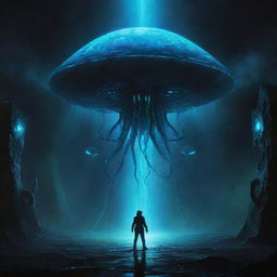 A dark and atmospheric space painting, featuring ancient UFOs glowing with fluorescent uranium, violent blue energy rays, terrifying shadowy space monsters, and a unique cyber-octopus. The scene encompasses abstract geometry and digital art, while a soft light emerges from the bottom