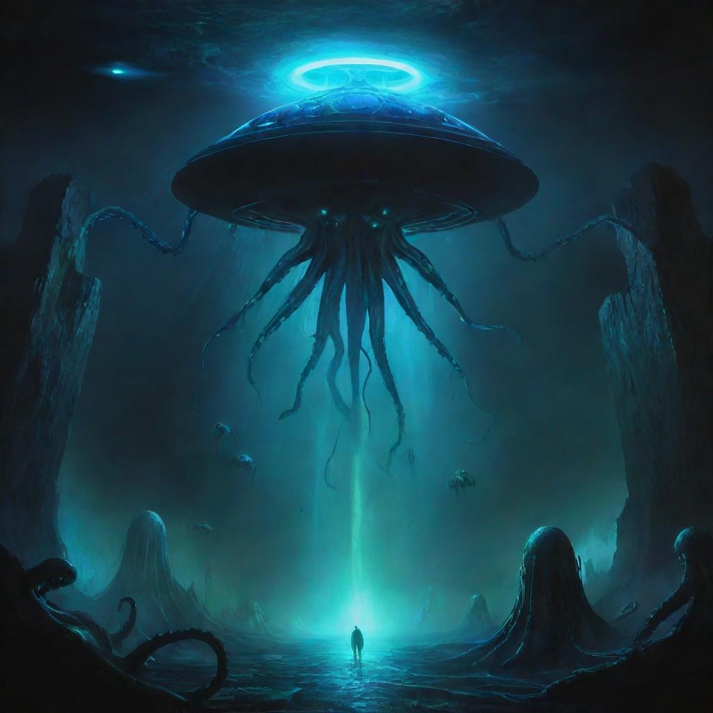 A dark and atmospheric space painting, featuring ancient UFOs glowing with fluorescent uranium, violent blue energy rays, terrifying shadowy space monsters, and a unique cyber-octopus. The scene encompasses abstract geometry and digital art, while a soft light emerges from the bottom