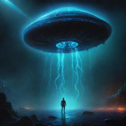 A dark and atmospheric space painting, featuring ancient UFOs glowing with fluorescent uranium, violent blue energy rays, terrifying shadowy space monsters, and a unique cyber-octopus. The scene encompasses abstract geometry and digital art, while a soft light emerges from the bottom