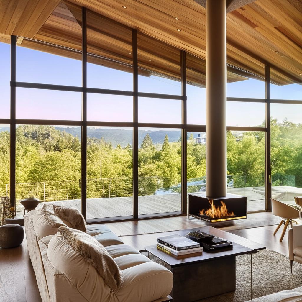 Luxurious and modern open living room with a large glass window offering panoramic views, a cozy fireplace, lofty ceilings, and tasteful decorations.