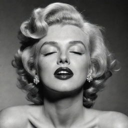 An alternative image of Marilyn Monroe, her head raised, eyes softly closed, displaying an elongated, thick neck with a distinct protuberance inside, bringing a unique aspect to her timeless charm.