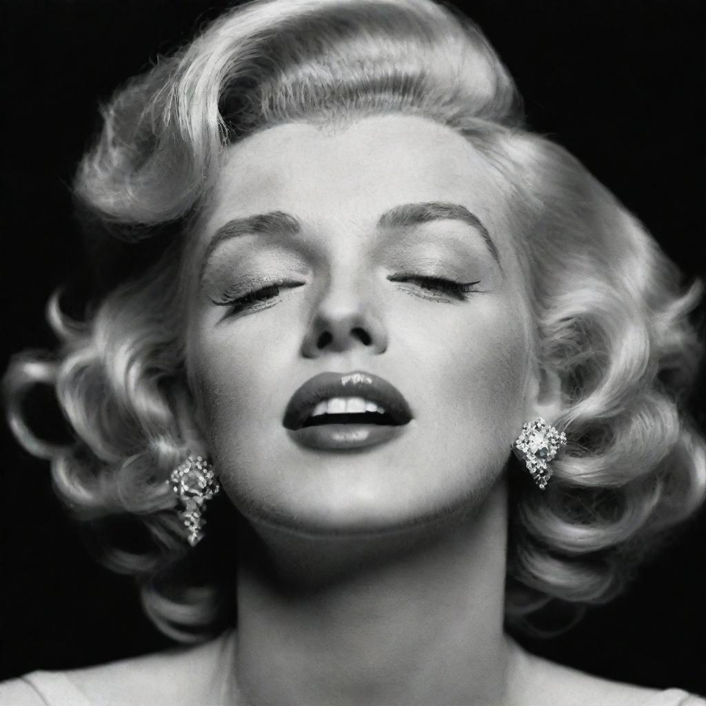 An alternative image of Marilyn Monroe, her head raised, eyes softly closed, displaying an elongated, thick neck with a distinct protuberance inside, bringing a unique aspect to her timeless charm.