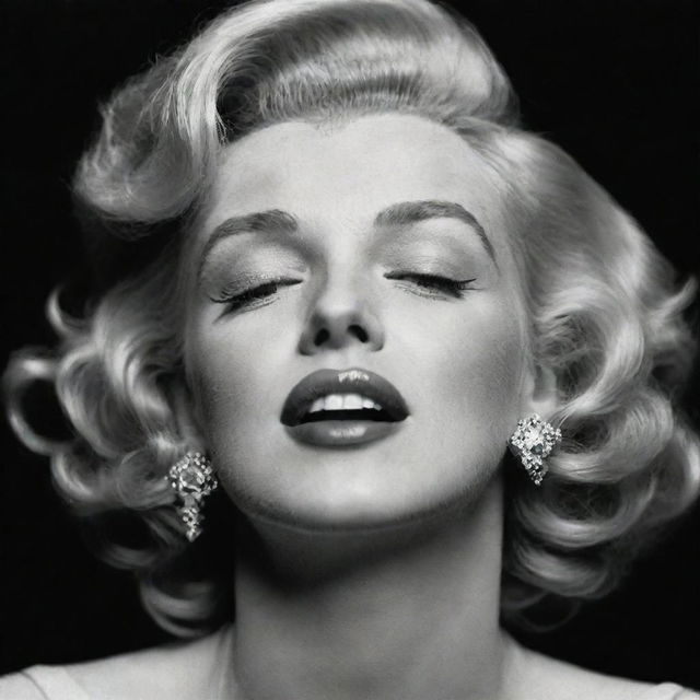 An alternative image of Marilyn Monroe, her head raised, eyes softly closed, displaying an elongated, thick neck with a distinct protuberance inside, bringing a unique aspect to her timeless charm.