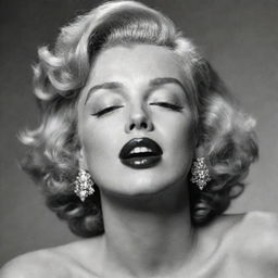 An alternative image of Marilyn Monroe, her head raised, eyes softly closed, displaying an elongated, thick neck with a distinct protuberance inside, bringing a unique aspect to her timeless charm.