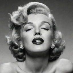 An alternative image of Marilyn Monroe, her head raised, eyes softly closed, displaying an elongated, thick neck with a distinct protuberance inside, bringing a unique aspect to her timeless charm.