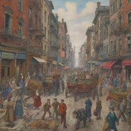 A vividly colored, allegorical drawing depicting the stark contrast between the opulent lifestyle of the wealthy class, the struggle of the working class, and the hardship of poverty, all set against a bustling urban environment.