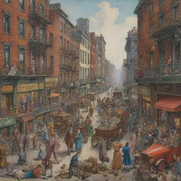 A vividly colored, allegorical drawing depicting the stark contrast between the opulent lifestyle of the wealthy class, the struggle of the working class, and the hardship of poverty, all set against a bustling urban environment.