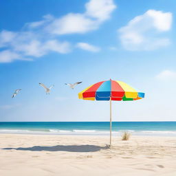 A serene beach scene with soft, white sand, azure water gently lapping at the shore, and a clear blue sky