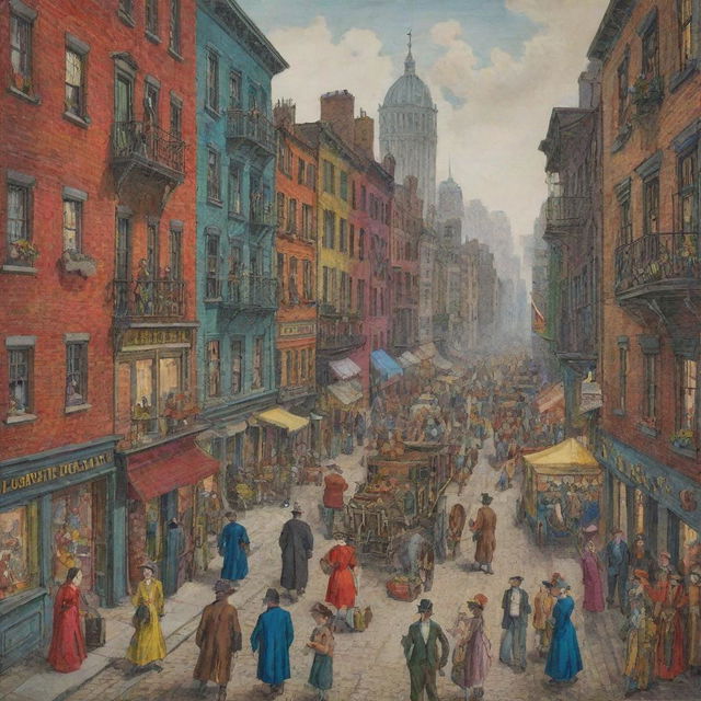 A vividly colored, allegorical drawing depicting the stark contrast between the opulent lifestyle of the wealthy class, the struggle of the working class, and the hardship of poverty, all set against a bustling urban environment.