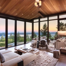 Luxurious and modern open living room with a large glass window offering panoramic views, a cozy fireplace, lofty ceilings, and tasteful decorations.