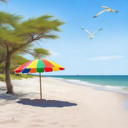 A serene beach scene with soft, white sand, azure water gently lapping at the shore, and a clear blue sky