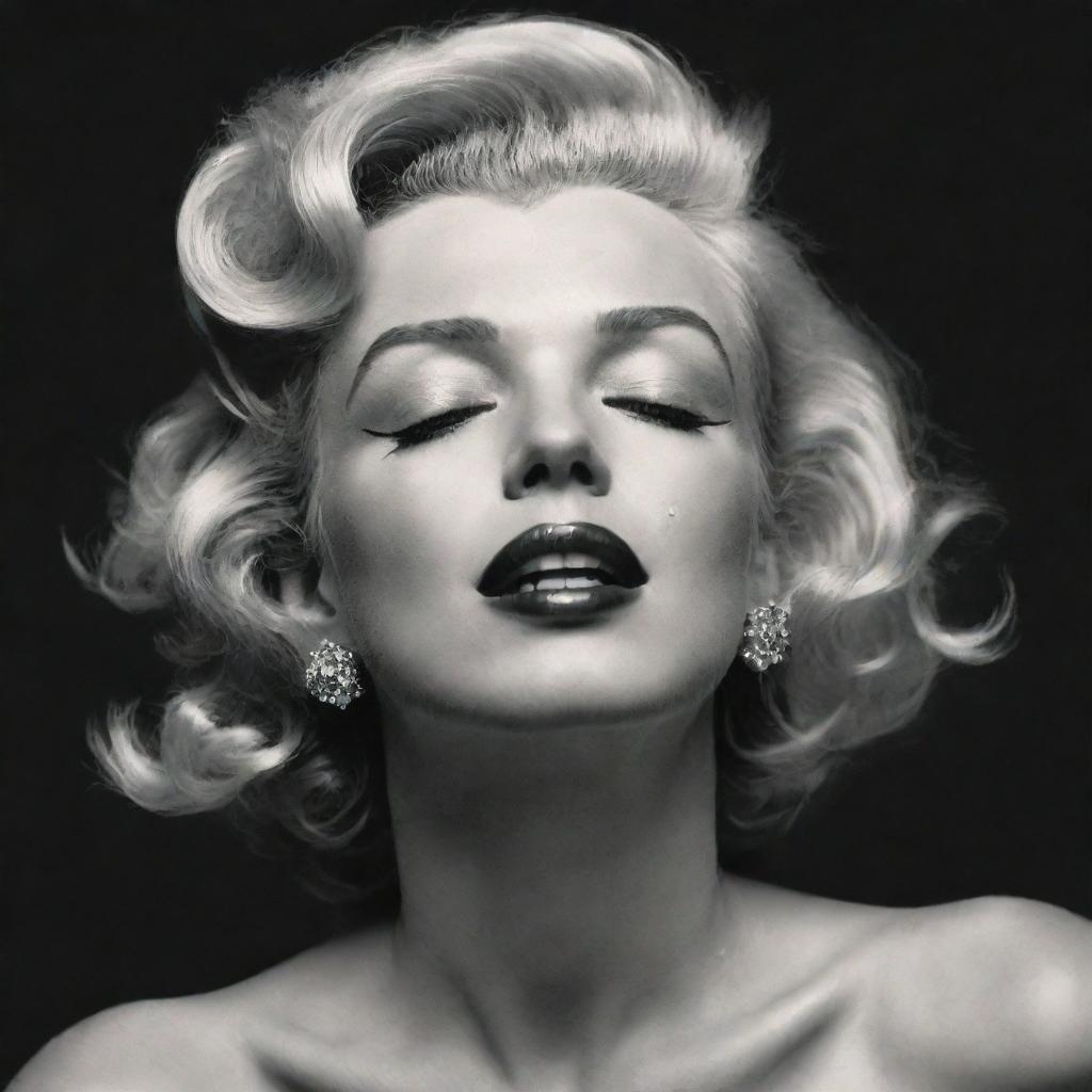 Artistic rendition of Marilyn Monroe, with her head tilted back, eyes closed, revealing a lengthened neck, with an noticeable protuberance inside, offering a unique interpretation of her iconic image.