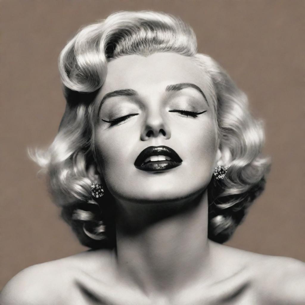 Artistic rendition of Marilyn Monroe, with her head tilted back, eyes closed, revealing a lengthened neck, with an noticeable protuberance inside, offering a unique interpretation of her iconic image.