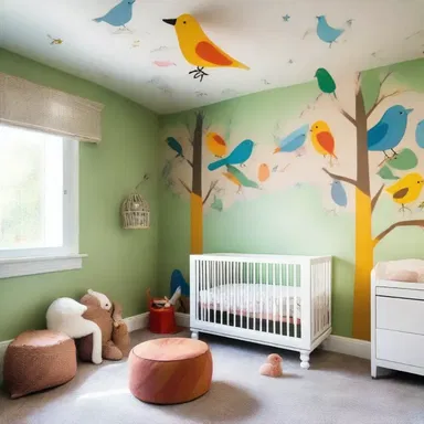 The interior design of the nursery featured a mural of colorful and playful precocial animals, including baby birds with down feathers and open eyes.