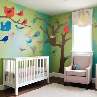 The interior design of the nursery featured a mural of colorful and playful precocial animals, including baby birds with down feathers and open eyes.