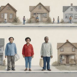 Illustration depicting the stark disparities in socioeconomic classes, shown through contrasting living conditions, clothing and opportunities. Progress from low, middle to high class, highlighting the clear divide.