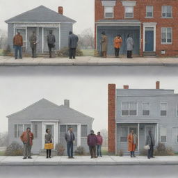 Illustration depicting the stark disparities in socioeconomic classes, shown through contrasting living conditions, clothing and opportunities. Progress from low, middle to high class, highlighting the clear divide.