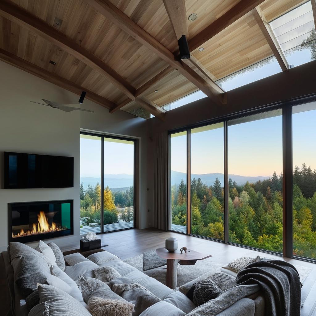 Luxurious and modern open living room with a large glass window offering panoramic views, a cozy fireplace, lofty ceilings, and tasteful decorations.