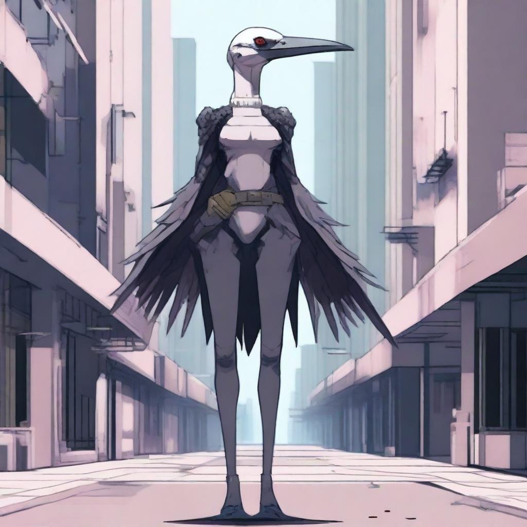 Generate an image of a modern female Aarakocra, a bird-like humanoid, in a contemporary setting