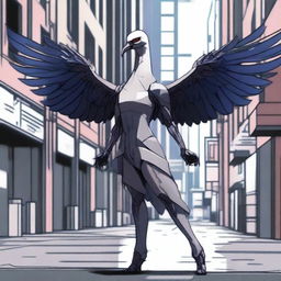 Generate an image of a modern female Aarakocra, a bird-like humanoid, in a contemporary setting