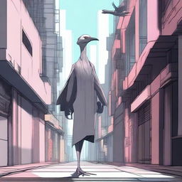 Generate an image of a modern female Aarakocra, a bird-like humanoid, in a contemporary setting