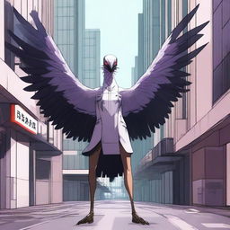 Generate an image of a modern female Aarakocra, a bird-like humanoid, in a contemporary setting