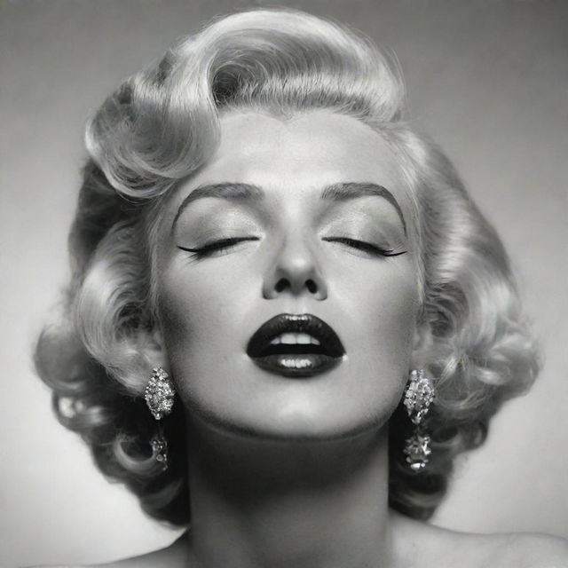 Imaginative representation of Marilyn Monroe with head tilted up, eyes gently closed, featuring a lengthy, thick neck with a pronounced protuberance inside, merging her iconic beauty with a unique facet.