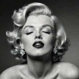 Imaginative representation of Marilyn Monroe with head tilted up, eyes gently closed, featuring a lengthy, thick neck with a pronounced protuberance inside, merging her iconic beauty with a unique facet.