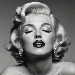 Imaginative representation of Marilyn Monroe with head tilted up, eyes gently closed, featuring a lengthy, thick neck with a pronounced protuberance inside, merging her iconic beauty with a unique facet.