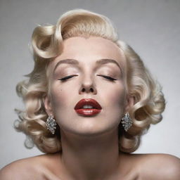 Imaginative representation of Marilyn Monroe with head tilted up, eyes gently closed, featuring a lengthy, thick neck with a pronounced protuberance inside, merging her iconic beauty with a unique facet.