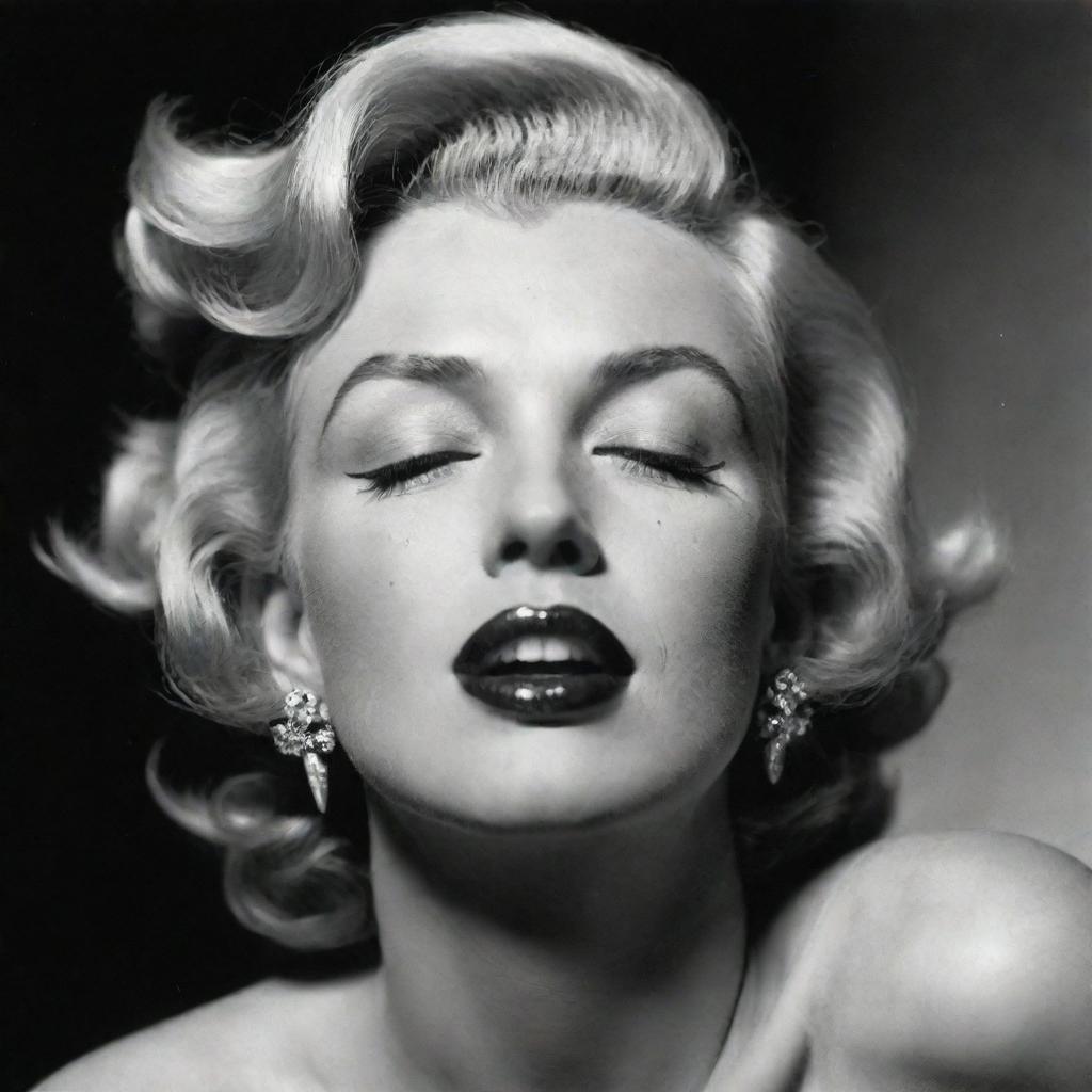 A distinct depiction of Marilyn Monroe, her head tilted back, eyes closed, exhibiting an elongated, substantial neck with a noticeable protuberancy inside, adding a unique dimension to her iconic allure.