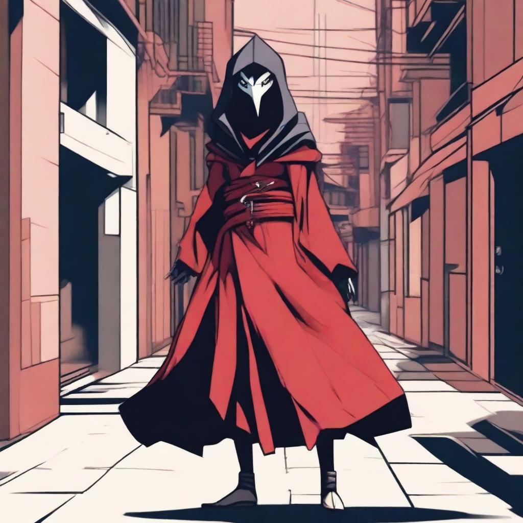 Generate an image of a modern female Kenku, a bird-like humanoid, in a Neo Tokyo style alley