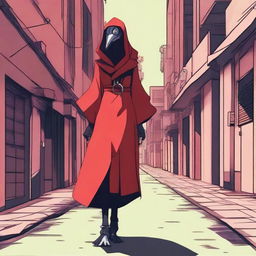 Generate an image of a modern female Kenku, a bird-like humanoid, in a Neo Tokyo style alley