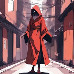 Generate an image of a modern female Kenku, a bird-like humanoid, in a Neo Tokyo style alley